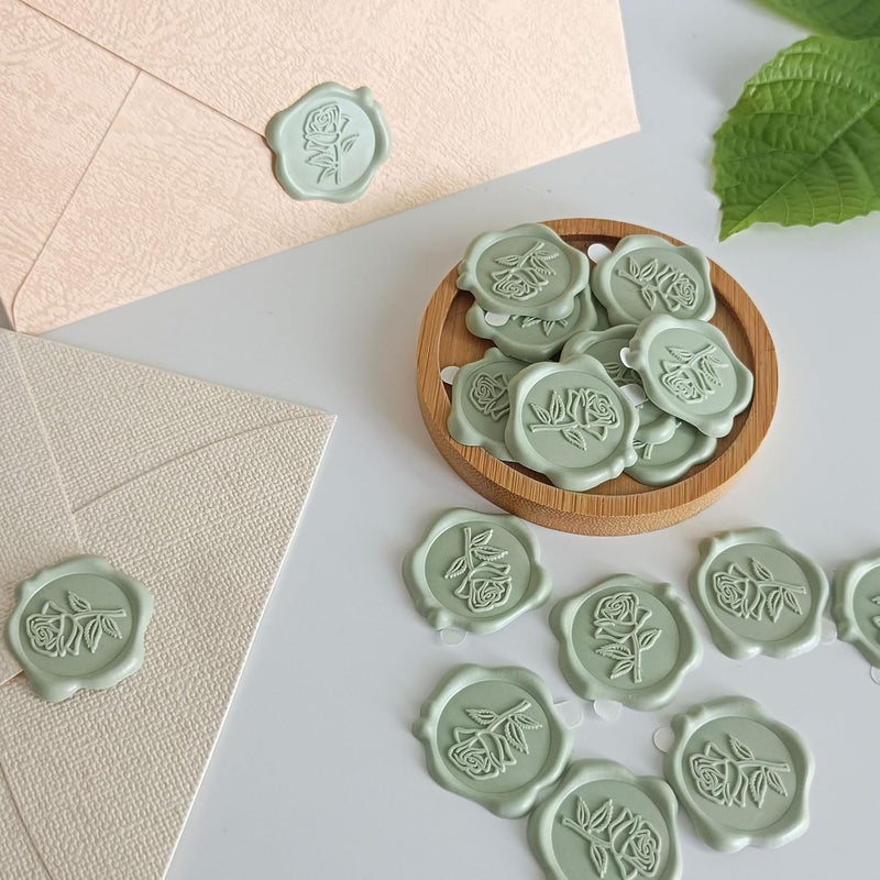 Pilloze 50 Pcs Adhesive Green Rose Wax Seal Stickers, Adhesive and Easy to Use Green Rose Envelope Stickers, Rose Seal for Wedding Invitation or Envelopes, Scrapbooking - Image 5